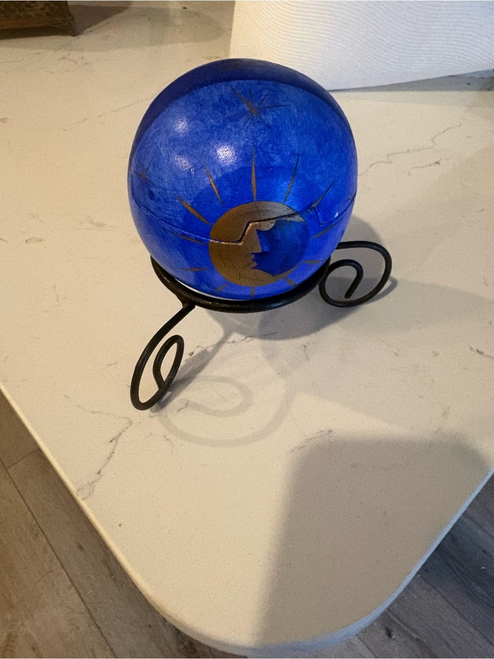 Blue Sun & Moon Glass Art Sphere with Gold Motif